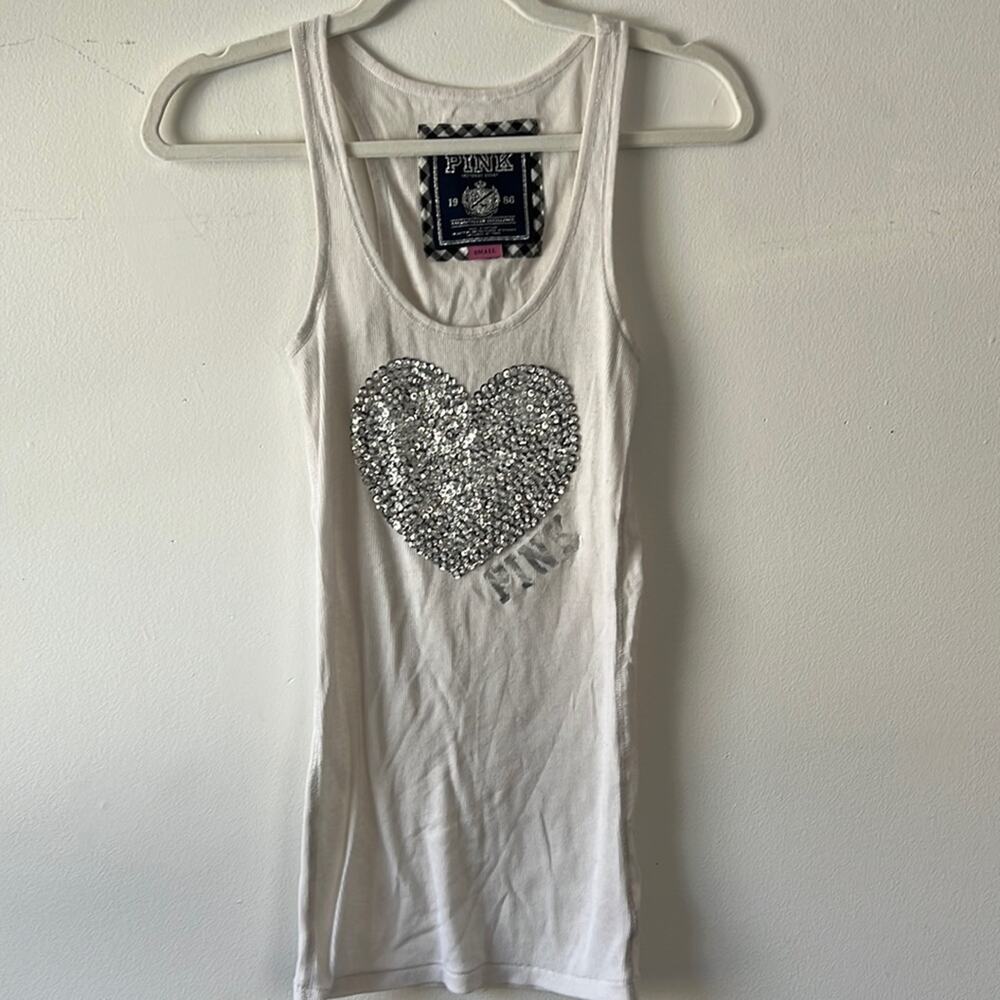 Vintage Victoria’s Secret PINK white and silver tank‎ silver sequin heart sz S
